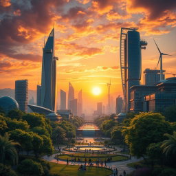 An imaginative landscape depicting a futuristic city with towering skyscrapers, lush greenery, and a vibrant sunset