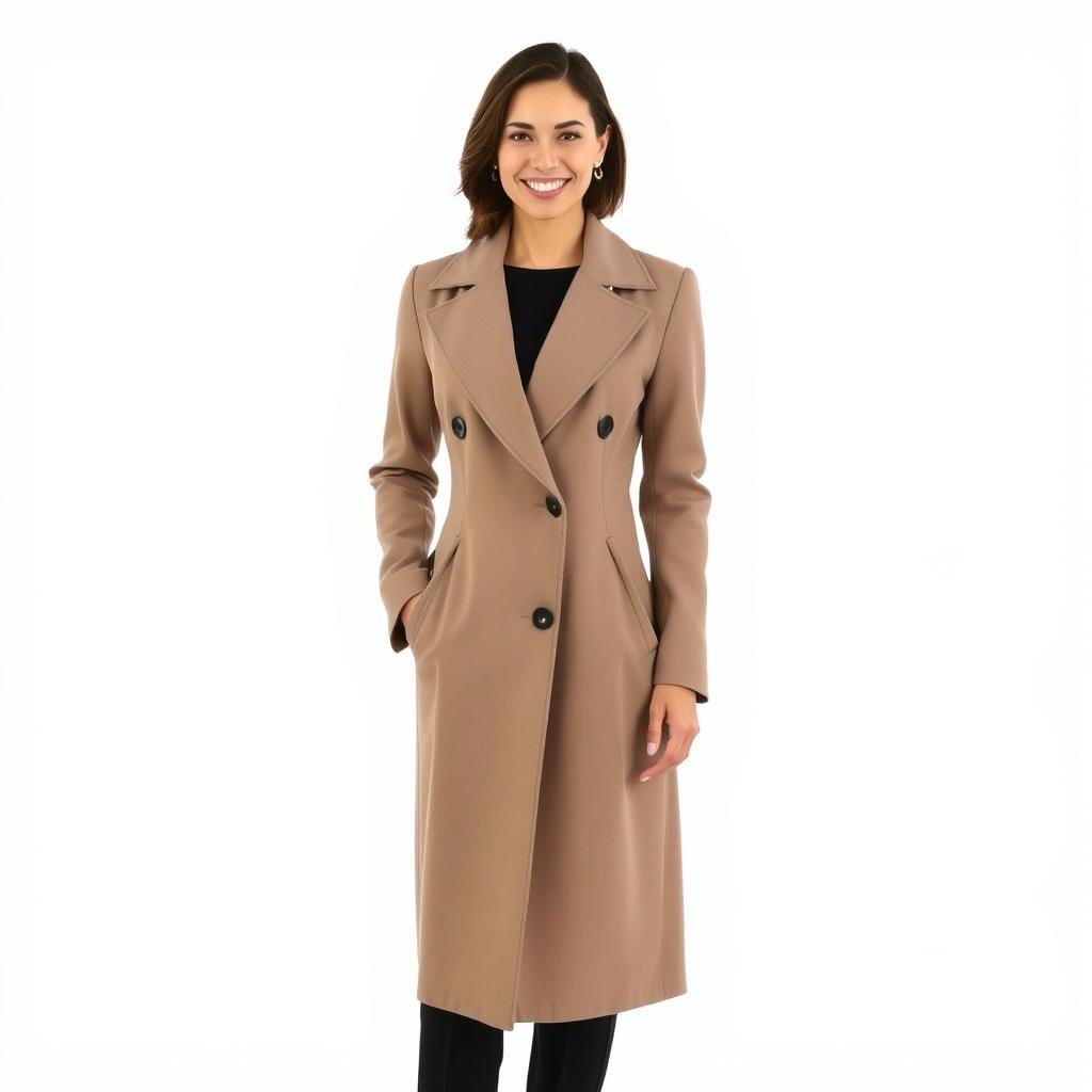 An elegantly dressed person wearing a stylish coat, standing confidently with a bright smile