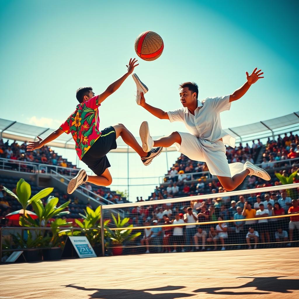 A dynamic and high-energy scene depicting a sepak takraw match in full swing