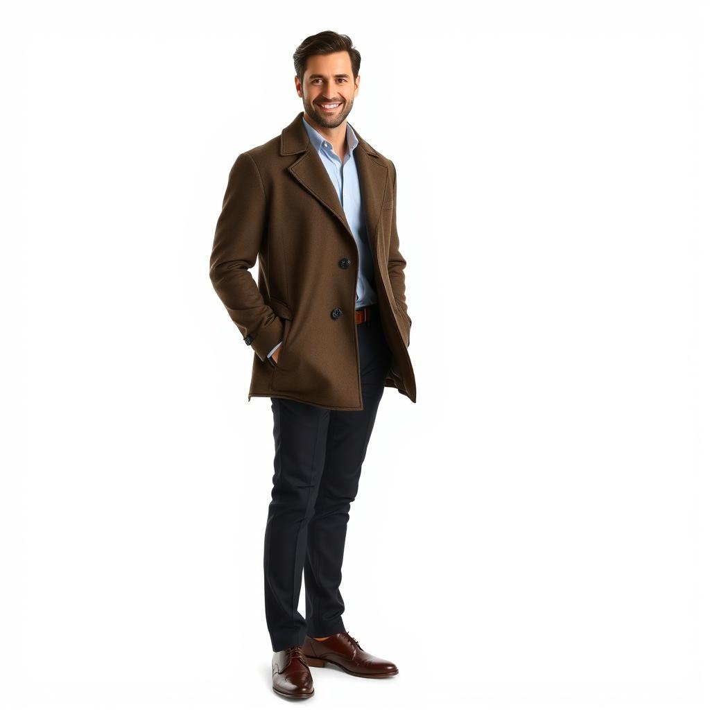 A stylish man in a sophisticated coat, standing confidently, wearing elegant trousers and polished shoes