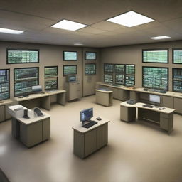 The data control room of a maximum-security penitentiary, incorporating design elements from the architecture shown in the provided link.