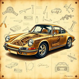 A classic Porsche 911, designed in the style of Leonardo da Vinci, showcasing intricate mechanical details and artistic touch