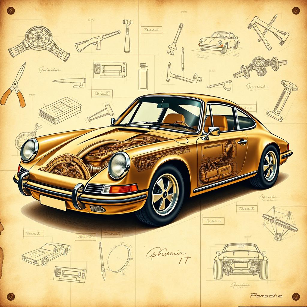 A classic Porsche 911, designed in the style of Leonardo da Vinci, showcasing intricate mechanical details and artistic touch