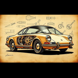 A classic Porsche 911, designed in the style of Leonardo da Vinci, showcasing intricate mechanical details and artistic touch