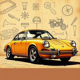 A classic Porsche 911, designed in the style of Leonardo da Vinci, showcasing intricate mechanical details and artistic touch