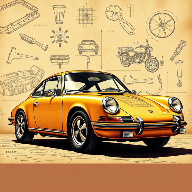 A classic Porsche 911, designed in the style of Leonardo da Vinci, showcasing intricate mechanical details and artistic touch