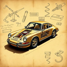 A classic Porsche 911, designed in the style of Leonardo da Vinci, showcasing intricate mechanical details and artistic touch