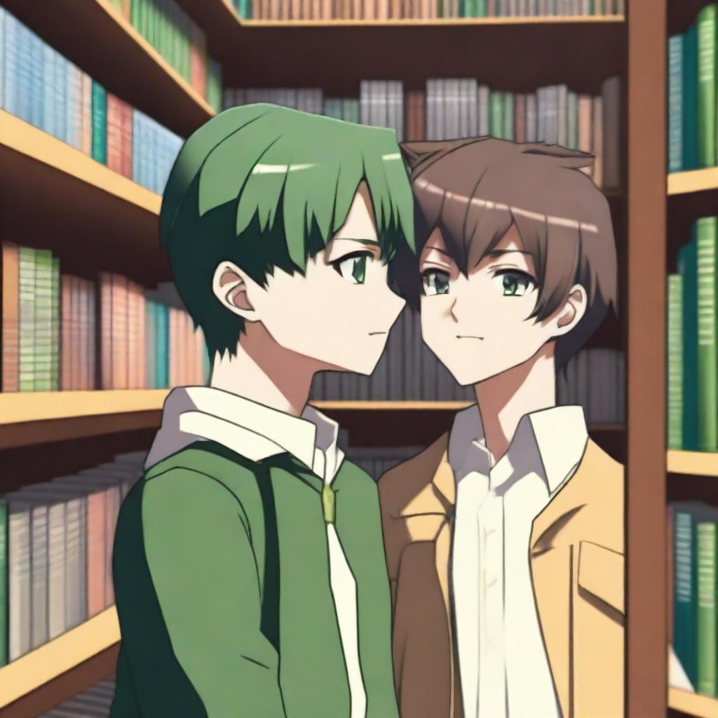 This is a high-quality 3D digital art image, depicting a romantic scene between two anime-style boys in a library setting