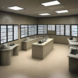 The data control room of a maximum-security penitentiary, incorporating design elements from the architecture shown in the provided link.