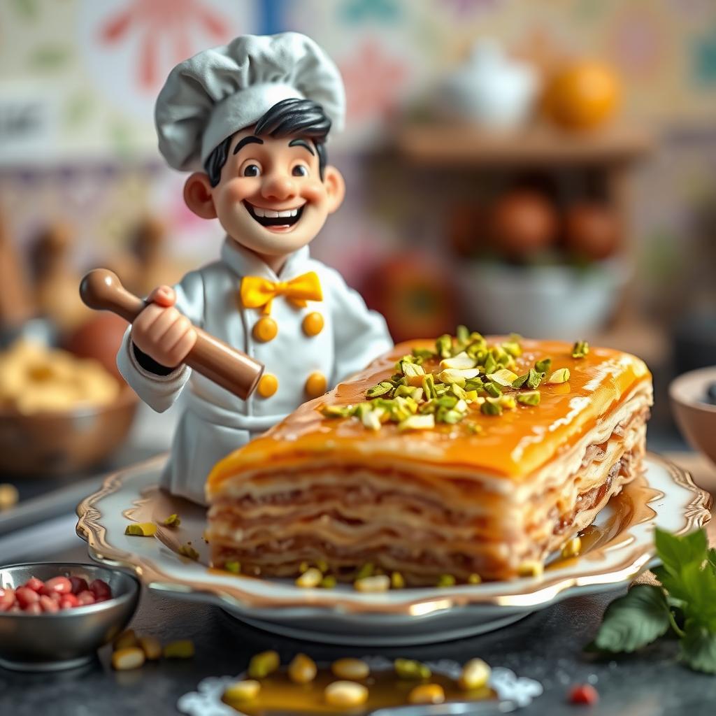 A miniature cheerful chef, expertly preparing a large plate of baklava, intricately layered and generously topped with chopped pistachios, set against a vibrant and colorful kitchen backdrop