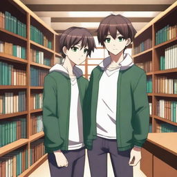 This is a high-quality 3D digital art image, depicting a romantic scene between two anime-style boys in a library setting