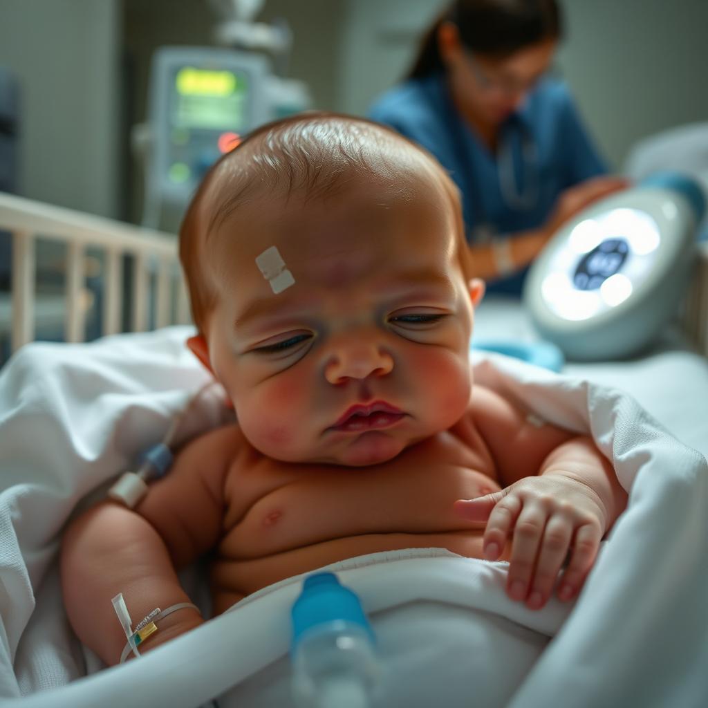 A newborn baby with a solemn expression, surrounded by a medical environment