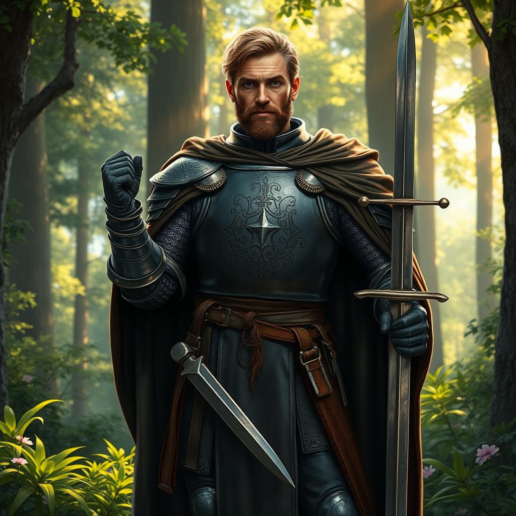 A detailed and vibrant depiction of a medieval soldier standing confidently in a lush forest setting