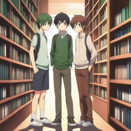 This is a high-quality 3D digital art image, depicting a romantic scene between two anime-style boys in a library setting