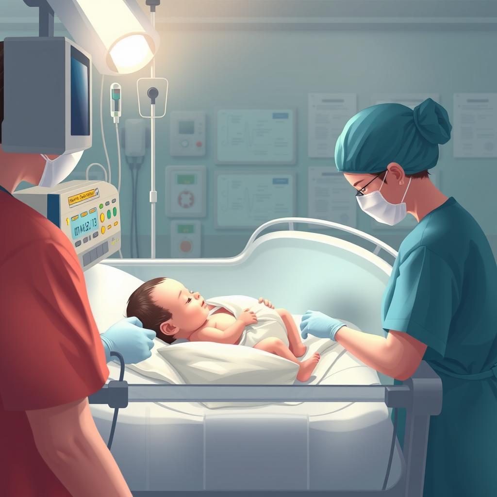 A medical illustration depicting a neonatal sepsis scenario in a hospital setting