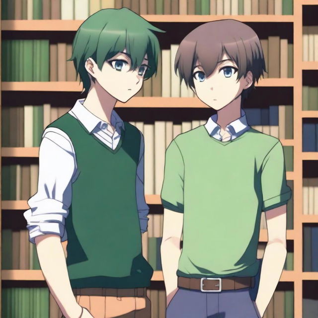 This is a high-quality 3D digital art image, depicting a romantic scene between two anime-style boys in a library setting