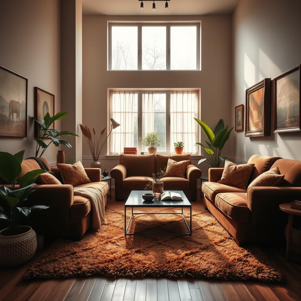 A beautifully detailed image of a cozy living room featuring warm brown furniture with rich textures, surrounded by soft, inviting light coming through large windows