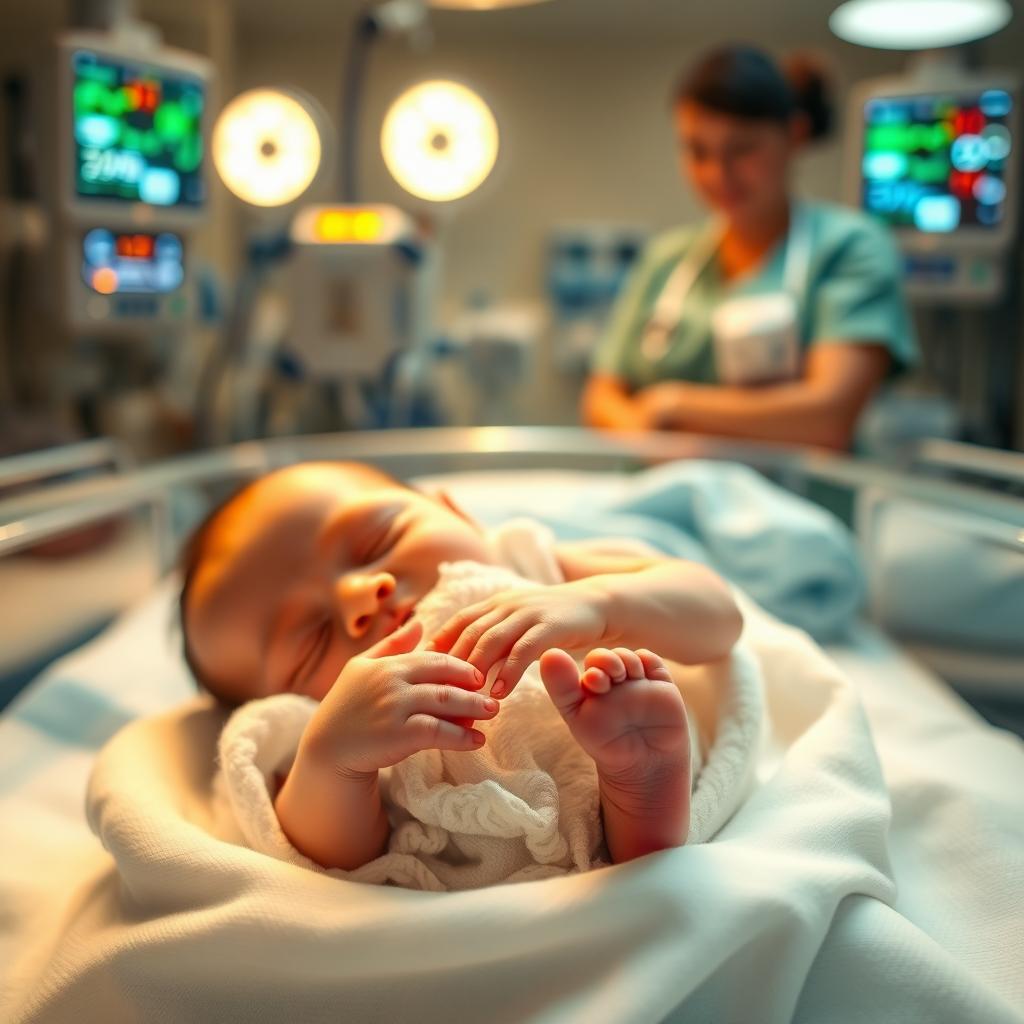 A heartwarming scene of a newborn baby in the Neonatal Intensive Care Unit (NICU), surrounded by gentle monitors and soft, warm lighting