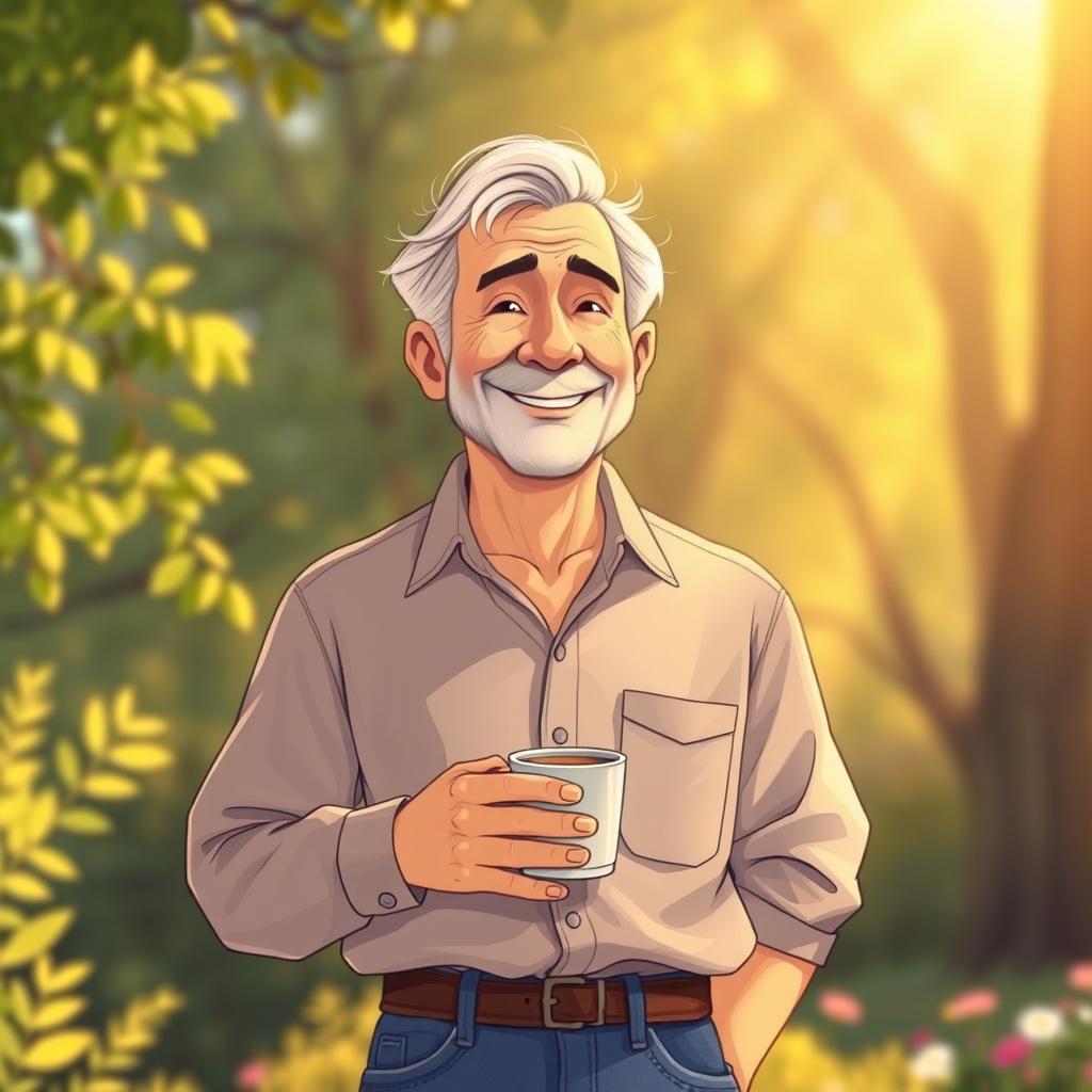 A heartwarming illustration of a man in his 60s, smiling gently with kind eyes, dressed in a casual shirt and jeans, surrounded by a warm, golden sunlight filtering through trees, creating a serene and nostalgic atmosphere that symbolizes cherished memories