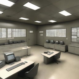 The data control room of a maximum-security penitentiary, incorporating design elements from the architecture shown in the provided link.