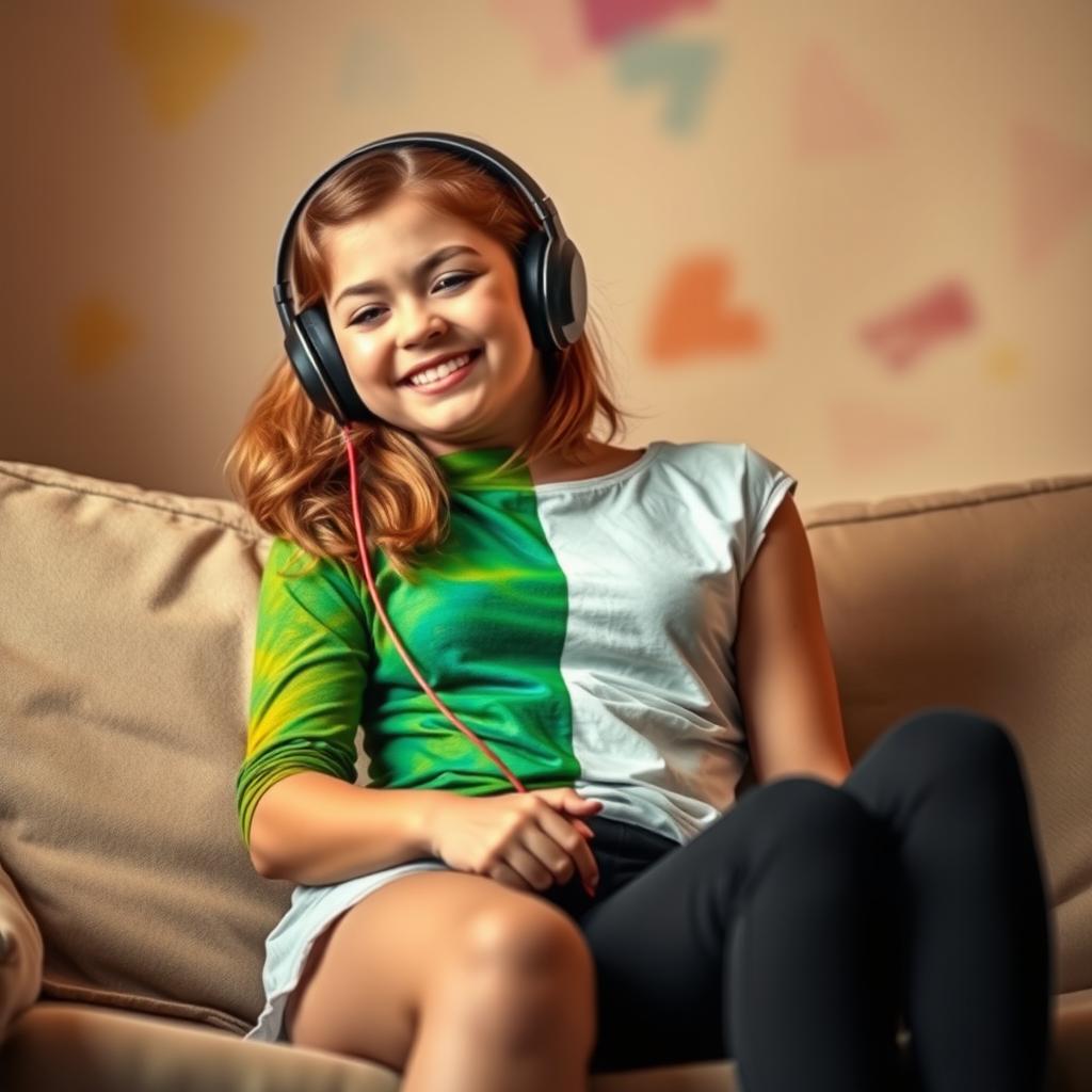 A girl sitting relaxed, listening to music with headphones on
