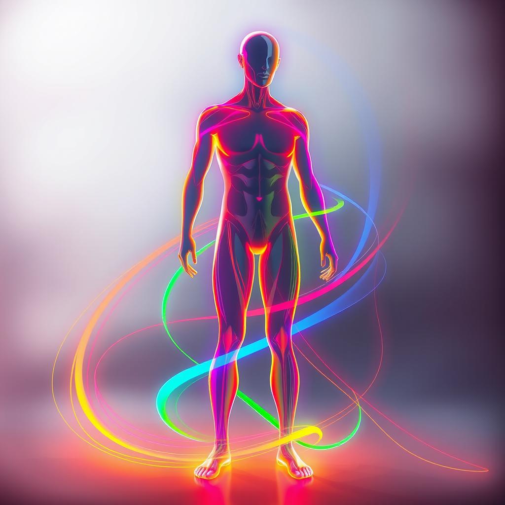 An artistic representation of a human figure surrounded by a vibrant, colorful line that outlines the form, creating a glowing effect
