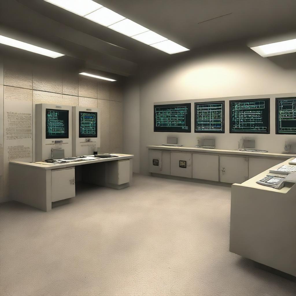 The data control room of a maximum-security penitentiary, incorporating design elements from the architecture shown in the provided link.