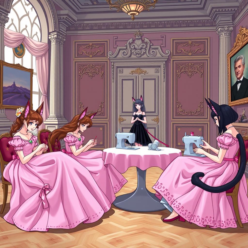 In a grand palace room, a sewing class for pampered princesses is underway