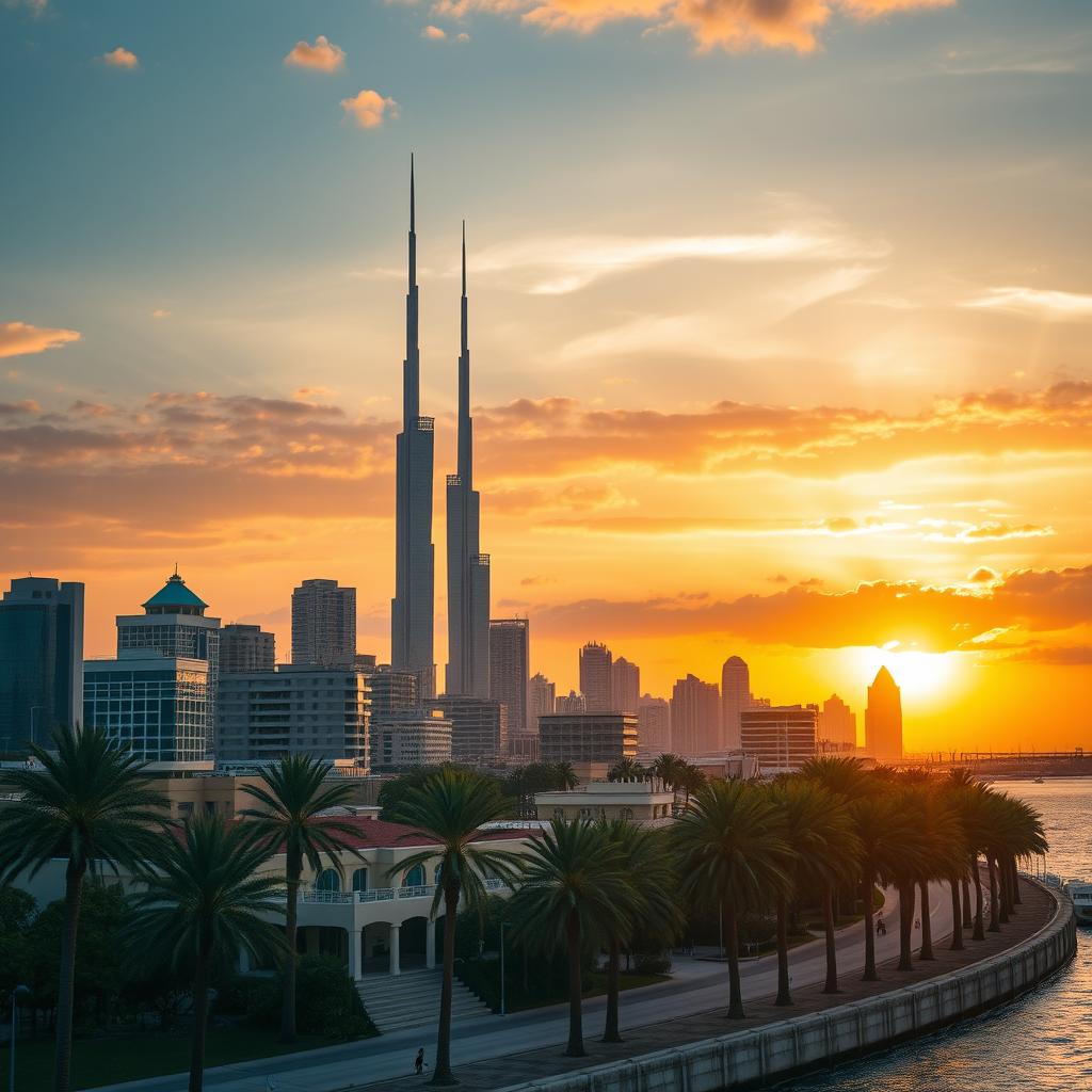 A beautiful sunset view of the city of Kuwait, highlighting its stunning skyline