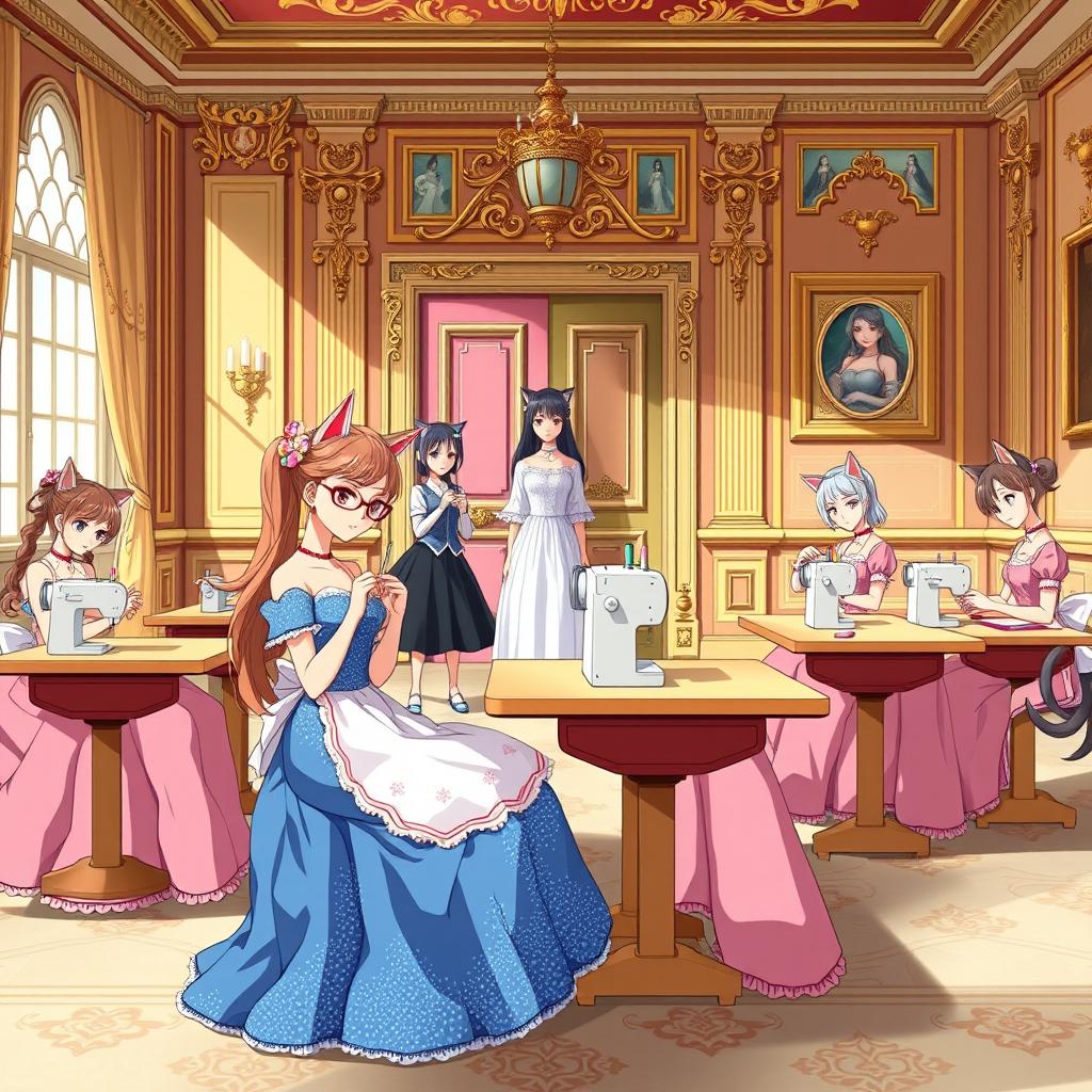 In a grand anime-style palace room, a sewing class for spoiled princesses is taking place