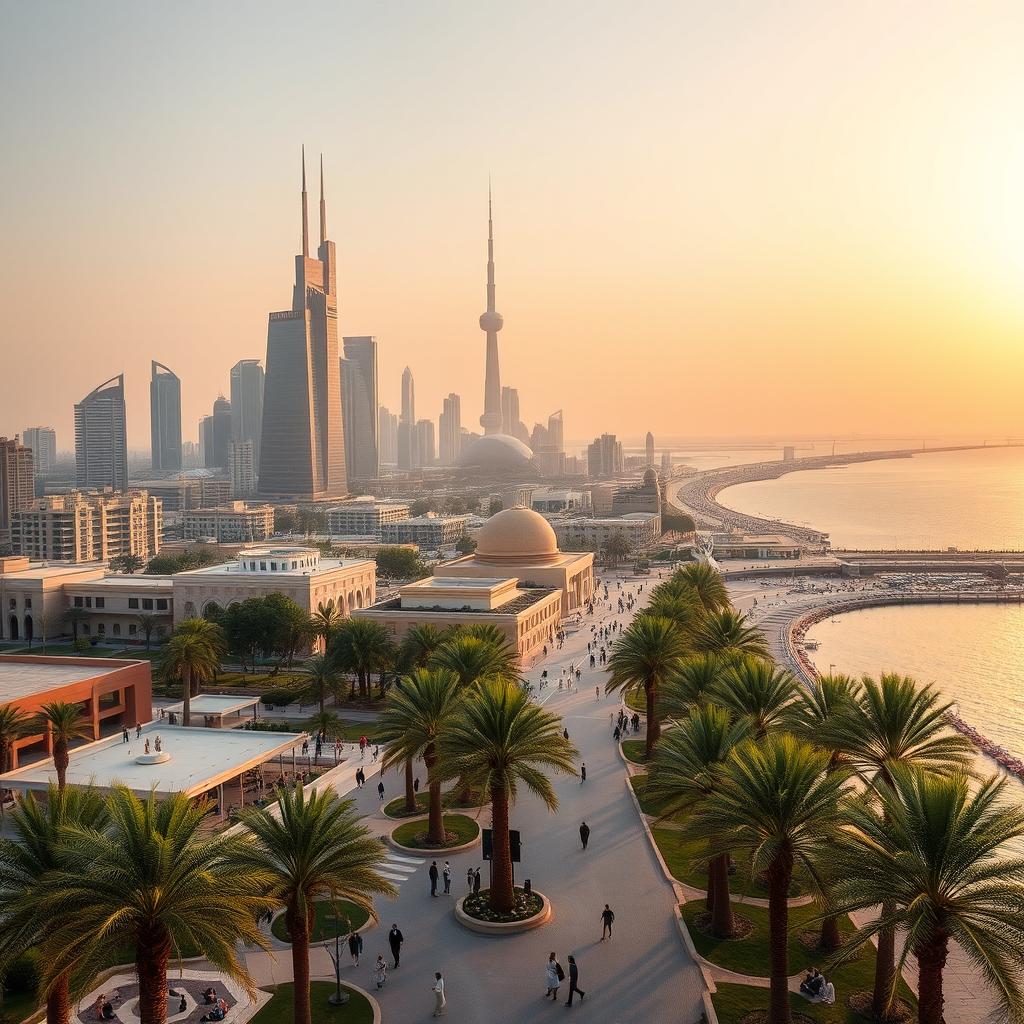 A stunning view of the city of Kuwait, showcasing its beautiful landmarks such as the iconic Kuwait Towers, the majestic Al Hamra Tower, and the serene waterfront Corniche