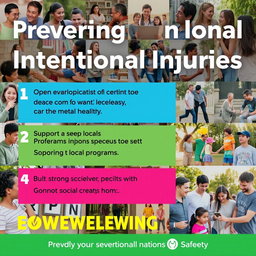 A colorful and informative poster on preventing intentional injuries, featuring a diverse group of people engaging in positive community activities
