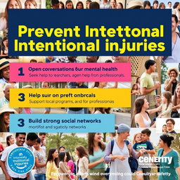 A colorful and informative poster on preventing intentional injuries, featuring a diverse group of people engaging in positive community activities