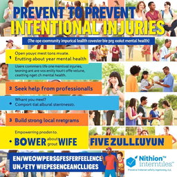 A colorful and informative poster on preventing intentional injuries, featuring a diverse group of people engaging in positive community activities