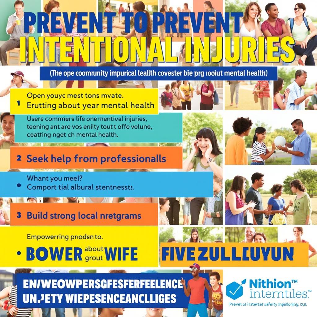 A colorful and informative poster on preventing intentional injuries, featuring a diverse group of people engaging in positive community activities