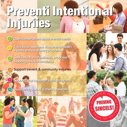 A colorful and informative poster on preventing intentional injuries, featuring a diverse group of people engaging in positive community activities