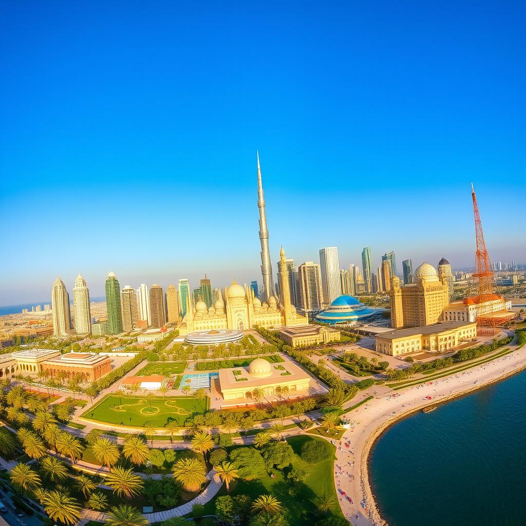 A breathtaking panoramic view of the city of Kuwait, emphasizing its renowned landmarks such as the magnificent Kuwait Towers, the soaring Al Hamra Tower, and the captivating Grand Mosque