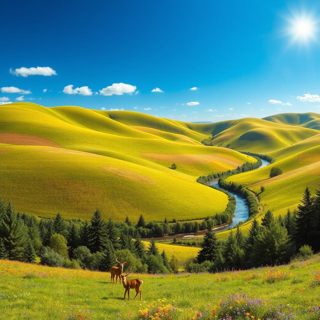 A vibrant hilly landscape, featuring rolling green hills under a clear blue sky, dotted with colorful wildflowers and a winding river cutting through the valley