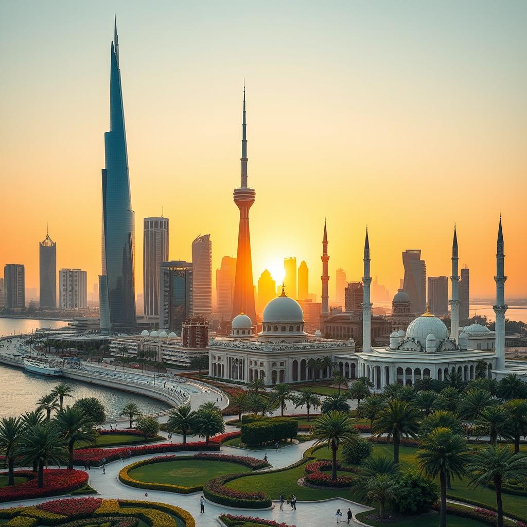 An exquisite depiction of the city of Kuwait featuring its most beautiful landmarks such as the striking Kuwait Towers, the impressive Al Hamra Tower, and the historic Grand Mosque