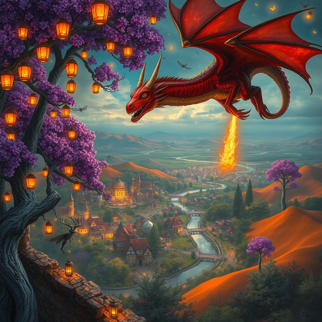 A magnificent view from a ruined tower overlooking a vibrant town filled with happy common folk and colorful flower fey fluttering about