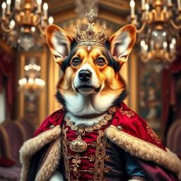 A portrait of a Corgi dog dressed in an elaborate royal dress, featuring rich colors and intricate details