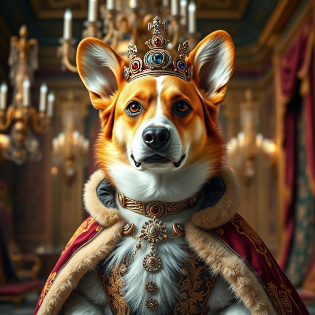 A portrait of a Corgi dog dressed in an elaborate royal dress, featuring rich colors and intricate details