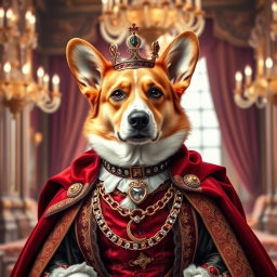A portrait of a Corgi dog dressed in an elaborate royal dress, featuring rich colors and intricate details