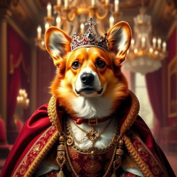 A portrait of a Corgi dog dressed in an elaborate royal dress, featuring rich colors and intricate details
