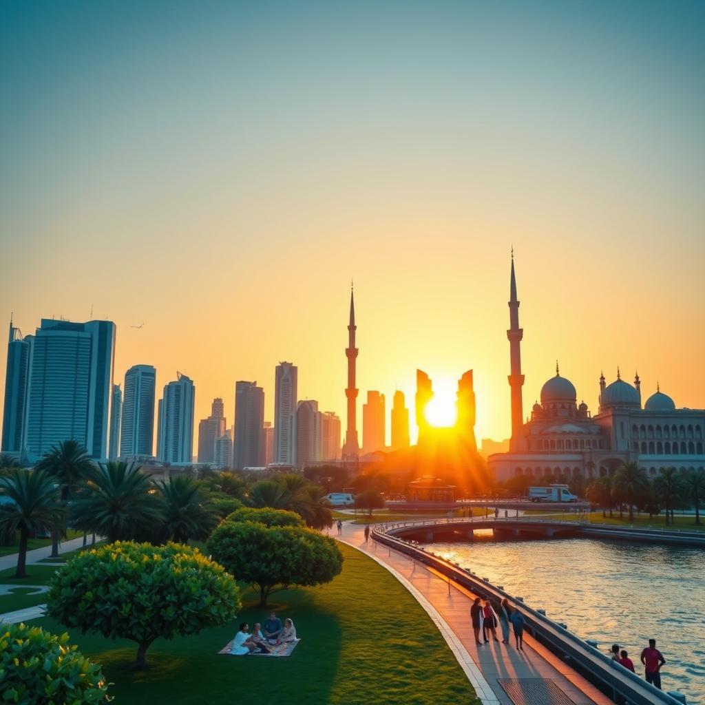A captivating depiction of the city of Kuwait, highlighting its beautiful landmarks including the iconic Kuwait Towers, the elegant Al Hamra Tower, and the historical Grand Mosque