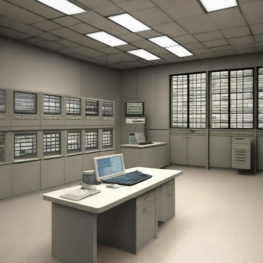 The data control room of a maximum-security penitentiary, incorporating design elements from the architecture shown in the provided link.