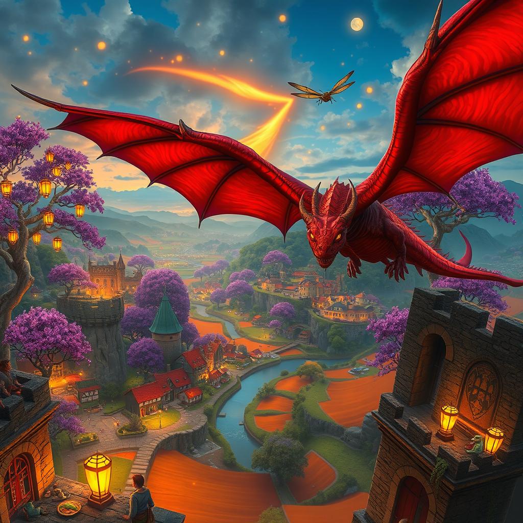 A breathtaking view from a ruined tower overlooking a vibrant town filled with happy common folk and colorful flower fey