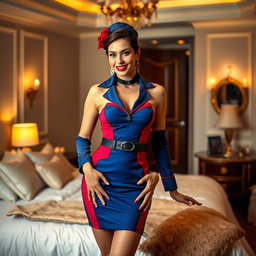 An alluring stewardess dressed in a hot stewardess outfit, poised in an elegantly styled bedroom setting