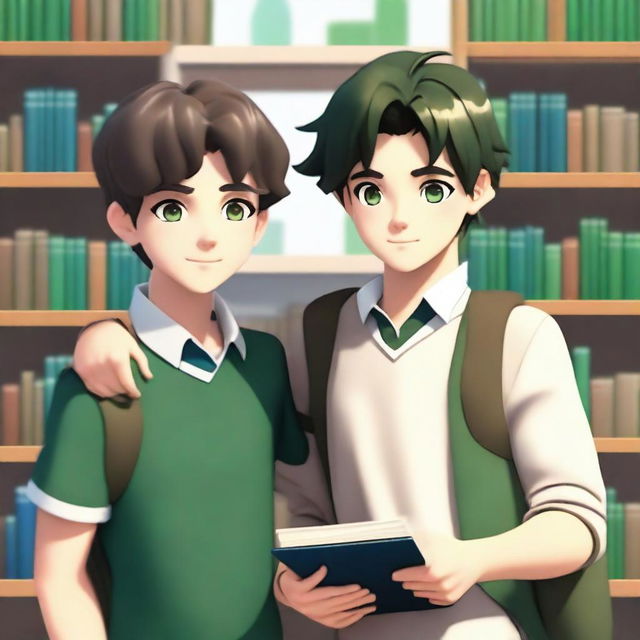 This is a high-quality 3D digital art image, capturing a heartwarming scene between two handsome high school boys in a library