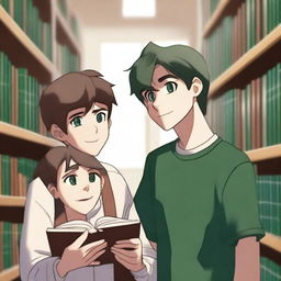 This is a high-quality 3D digital art image, capturing a heartwarming scene between two handsome high school boys in a library